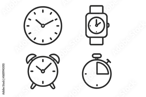 Vector collection of clock, watch, alarm clock and timer outline icons. Modern line set for app, web design, advertisement, print, interface UI, UX, graphic resources, business, productivity concept.