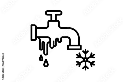 Frozen pipe icon, cold water tap symbol. Winter plumbing problem concept. Frozen faucet with icicles and snowflake. Burst pipe risk, dripping water. Vector outline illustration.