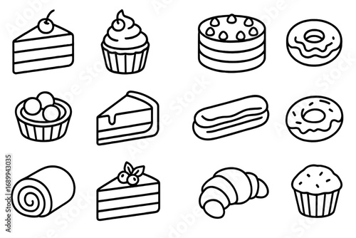 Cakes and Pastries line icon set. Dessert, bakery, sweet food symbols. Vector outline collection with cake slice, cupcake, donut, eclair, croissant, muffin. Editable stroke.