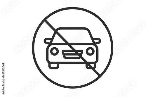 No cars allowed sign. Vector line icon of a prohibited vehicle. Minimalist outline symbol for no parking or car-free zone. Driving forbidden concept for road safety illustration.