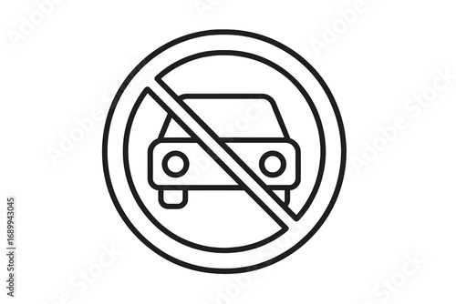 No cars sign vector icon. No parking symbol. Traffic prohibition and forbidden roadsign. Minimalist linear illustration for web, apps, and graphic design. Car-free zone concept.