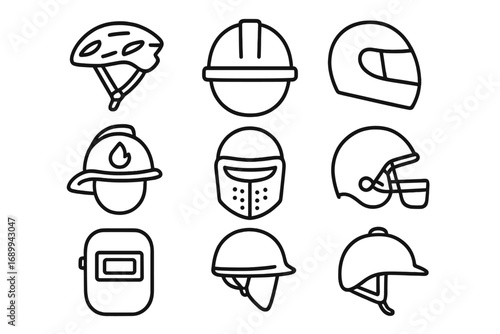 Helmet line icon collection. Vector outline signs for safety and protection. Hard hat, bicycle, racing, football, firefighter, knight, military, welder & equestrian headwear.