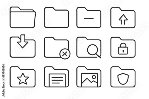 Computer folder line icon bundle. Simple outline vector symbols for file management, web design, and app UI. Includes download, upload, search, security lock, and favorite star.