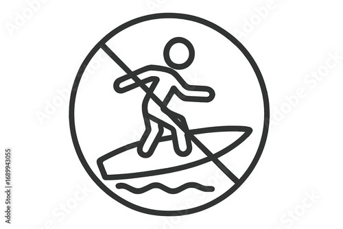 No surfing sign. Surfing prohibited vector icon. Water sport forbidden symbol. Beach safety warning pictogram. Danger zone concept. Sea, ocean rule. Outline illustration.