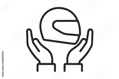 Hands holding racing helmet. Concept of road safety, protection, care. Motorsport, biker, rider security symbol. Modern outline icon for insurance, apps, web. Vector.
