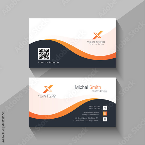 Modern professional business card design with qr code and orange wave accents