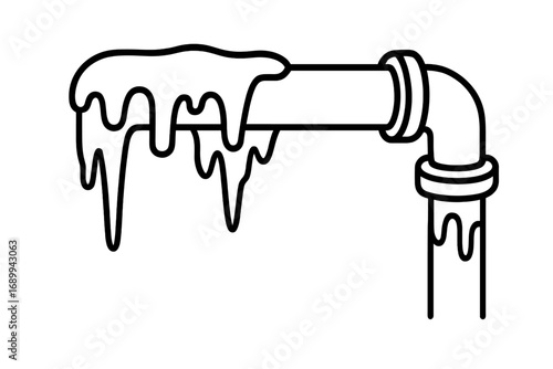 Frozen pipe with ice and icicles outline icon. Vector illustration of a burst water pipe problem. Plumbing emergency concept for winter. Cold weather household damage line art.