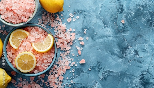 Pink Himalayan salt and lemon slices in bowls on a textured blue background