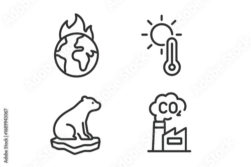 Global warming linear icon set. Climate change concept. CO2 emission, factory pollution, planet fire, temperature rise, polar bear on melting ice. Environmental disaster pictograms.