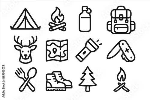 Camping essentials icons set. Minimalist line art for outdoor enthusiasts. Vector cartoon illustration of travel, hiking, and adventure equipment. Nature symbols collection.