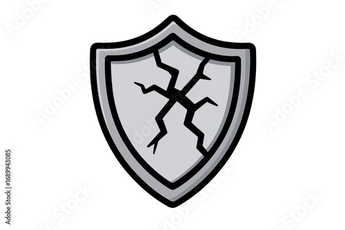 Cracked shield vector icon. Concept of vulnerability, insecurity, and broken defense. Symbol of data breach, failure, damage, and risk. Unprotected, weak security metaphor.