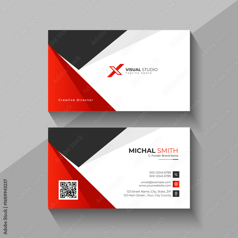 Fototapeta premium Modern business card design with red black and white geometric shapes and qr code