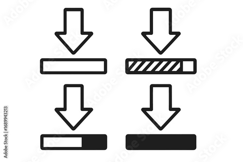 Download Progress Icons Set. Vector Arrow Down and Loading Bar Elements for App, Website, Banner, User Interface, Template, Infographic Design. Cartoon Style Progress and Download Indicator Collection