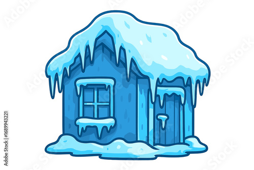 Frozen house icon vector cartoon illustration. Snow covered home with icicles. Concept of cold weather, winter season, freezing temperature, blizzard, climate or energy crisis.
