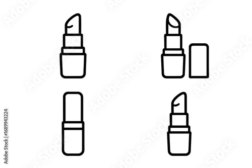 Lipstick icon set. Linear minimal style. Cosmetics, makeup, beauty product symbol. Open and closed lipstick pictogram for web, ui, ux design. Editable stroke vector illustration.