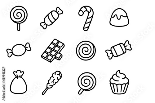 Simple candy icon set with editable stroke. Minimalist line art collection of sweet food and desserts. Vector illustration of lollipop, chocolate, cupcake, and candy cane.