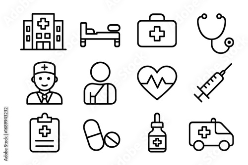 Medical and healthcare thin line icon set. Hospital, clinic, doctor, patient, emergency, pharmacy symbols. Editable stroke vector for web, mobile app. Ambulance, pills.