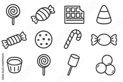 Candy simple line icon collection. Sweets and desserts outline vector set. Editable stroke. Includes lollipop, chocolate bar, candy cane, cookie. Confectionery symbols.