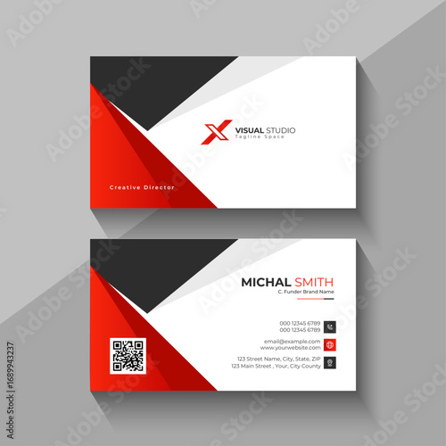 Modern business card design with red black and white geometric shapes and qr code
