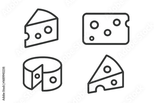 Cheese line icon set. Various types of cheese wheel, wedge and slice. Swiss, emmental, parmesan. Dairy food symbol. Vector graphic for menu, web, grocery, gourmet concepts.