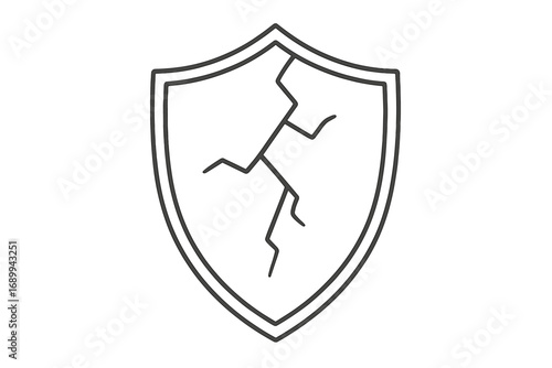 Cracked shield linear icon. Broken defense and vulnerability concept. Security failure, data breach symbol. Unsafe, danger, weakness sign. Vector line art illustration.