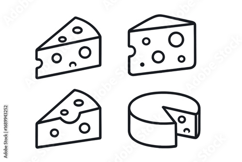 Cheese line icon set vector. Swiss cheese wedge, slice, block and wheel. Minimalist outline food illustration. Dairy product graphic symbol for web, app, menu, grocery store.