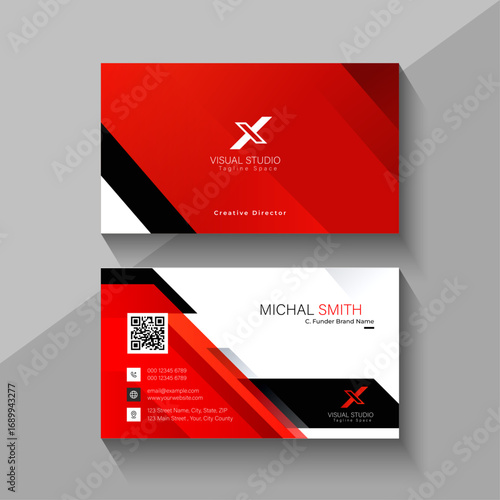 Modern red and white business card design with qr code and logo