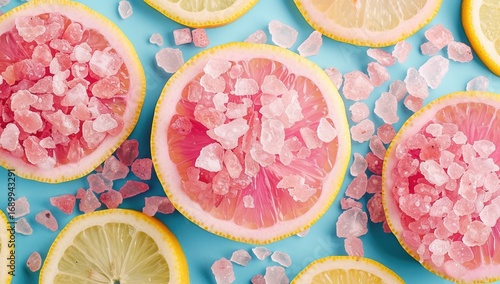 Pink grapefruit slices with Himalayan salt, arranged on a blue background with lemon slices