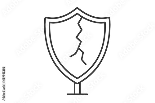 Cracked shield linear icon. Broken protection and security symbol. Concept of vulnerability, data breach, risk, and failure. Unsafe defense. Vector cartoon illustration.
