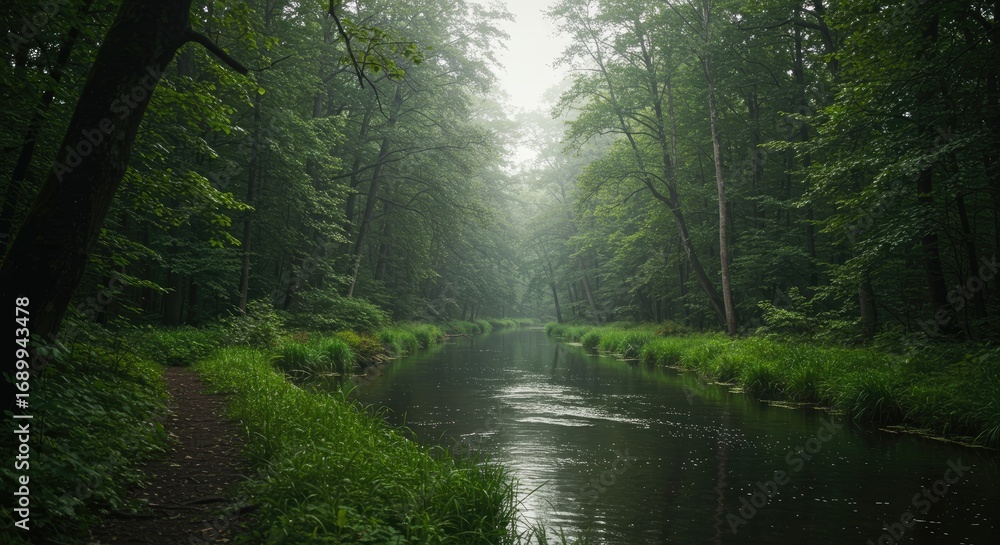 Obraz premium Serene Forest River Pathway in Misty Morning Light