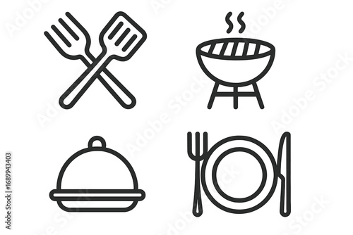 Cooking and barbecue line icon set. Vector graphic elements for food, restaurant menu, and web design. Includes grill, utensils, plate, and serving cloche symbols. Outline style.