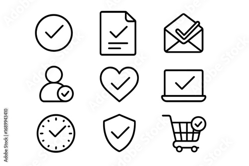 Done, approve, and confirm thin line vector icon set. Check mark symbols for quality, security, and verification. User profile, checklist, email, shopping cart, and clock icons.