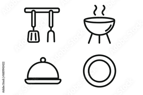 Cooking and barbecue line icon set. Kitchen utensils, grill, plate, and cloche icons. Vector graphic elements for restaurant menu, food blog, mobile apps, and web design.