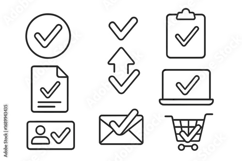 Checkmark line icon set for approval and verification. Concepts of task complete, done, success, checklist, confirmed order, verified user, and accepted document. Vector pack.