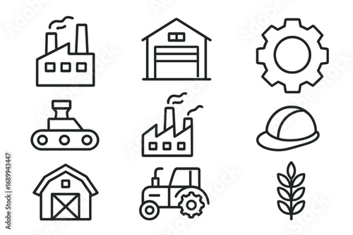 Industrial and agricultural icon set. Vector line art symbols for manufacturing, factory, warehouse, and farming. Includes tractor, barn, gear, hard hat, and production line icons.