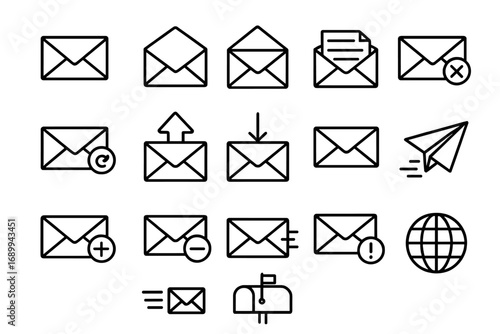 Set of Email and Message Envelope Line Icons. Outline Email Symbols, Web and App UI, Inbox, Outbox, Mailbox, Send, Receive, Delete, Add, Remove, Notification. Vector Illustration Pack