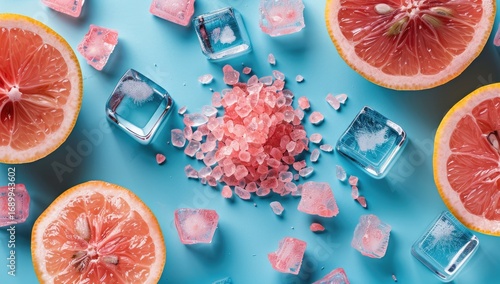 Pink grapefruit slices, ice cubes, and pink salt on a vibrant blue background