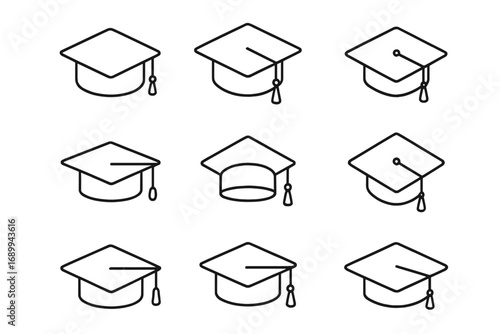 Isometric graduation cap line icon set. Student mortarboard hat symbol collection. University, college, school ceremony. Academic education, degree, diploma vector illustration.