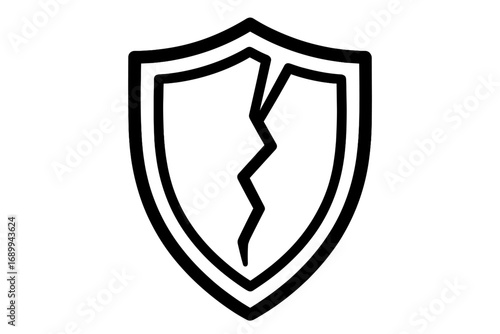 Cracked shield icon. Broken security symbol. Concept of vulnerability, risk, data breach, and failed protection. Unsafe, danger, and attack metaphor. Vector outline logo.