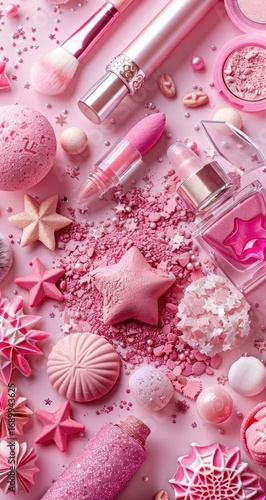 Pink cosmetics and sweets, a vibrant, girly spread