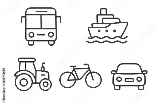 Transport vehicle thin line icon collection. Vector symbols of bus, ship, tractor, bicycle, car. Minimalist outline pictogram set for web, app, and graphic design. Editable stroke.