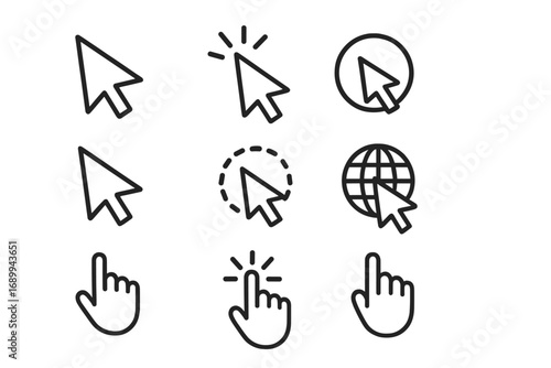 Cursor outline icon set. Vector mouse pointer, click hand, and internet globe symbols. Editable stroke for UI, UX, web design, infographics, presentations, apps, websites, digital media, marketing.