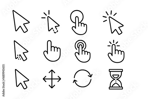 Cursor and Pointer Icon Collection. Mouse Arrow, Hand Click, Touch Gesture, Hourglass, Refresh, Move Symbol. Editable Outline Stroke Cursor Vector Set for UI, UX, Apps, Web, Infographics, Banners