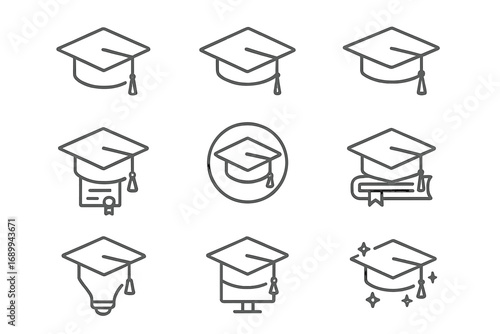 Graduation cap line icon set. Education and university learning concept. Academic degree, student diploma and knowledge symbol. Vector icons for web, UI, apps. Editable stroke.