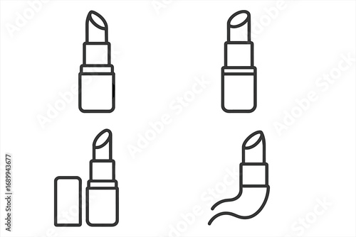 Lipstick line icon set. Minimalist cosmetic and makeup pictogram collection. Beauty product outline symbol for web, graphic design, apps. Vector lipstick smear and swatch.