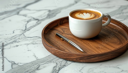 Latte art in a white mug, resting on a wooden tray, atop a marble surface. A pen sits beside the mug