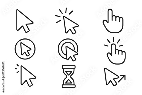 Mouse cursor icons collection. Vector line art of hand and arrow pointers, click symbols, loading, selecting, interactive user interface elements. Web navigation, UI UX design. Black editable strokes.