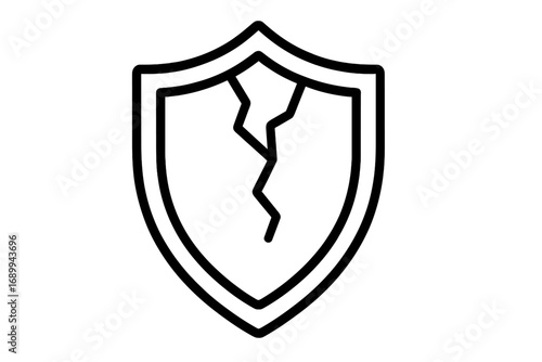 Broken shield outline icon. Unsafe, insecure symbol. Concept of vulnerability, risk, failed protection, and danger. Cyber attack and data breach metaphor. Weak defense vector.