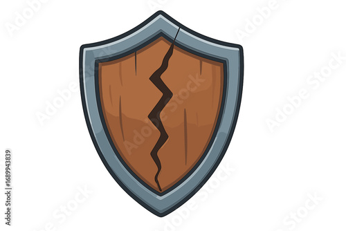 Broken wooden shield vector icon. Cracked defense symbol. Concept of vulnerability, risk, failure and data breach. Damaged protection pictogram for cybersecurity and antivirus.
