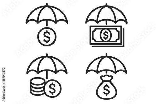 Money Insurance Icon Bundle with Umbrella Protection Symbols, Financial Security Concepts, Dollar Signs, Cash, Coins, and Savings Line Art for Business, Finance, Web, and App Design